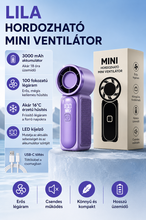 GlowWave MiniCool - hordozható mini ventilátor LED kijelzővel